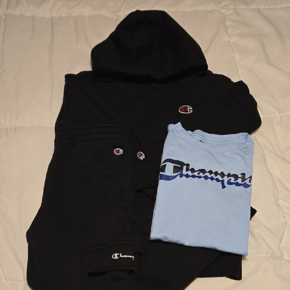 2 for $20 Champion Black Hoodie, Black Sweatpants & Light Blue Logo Tee